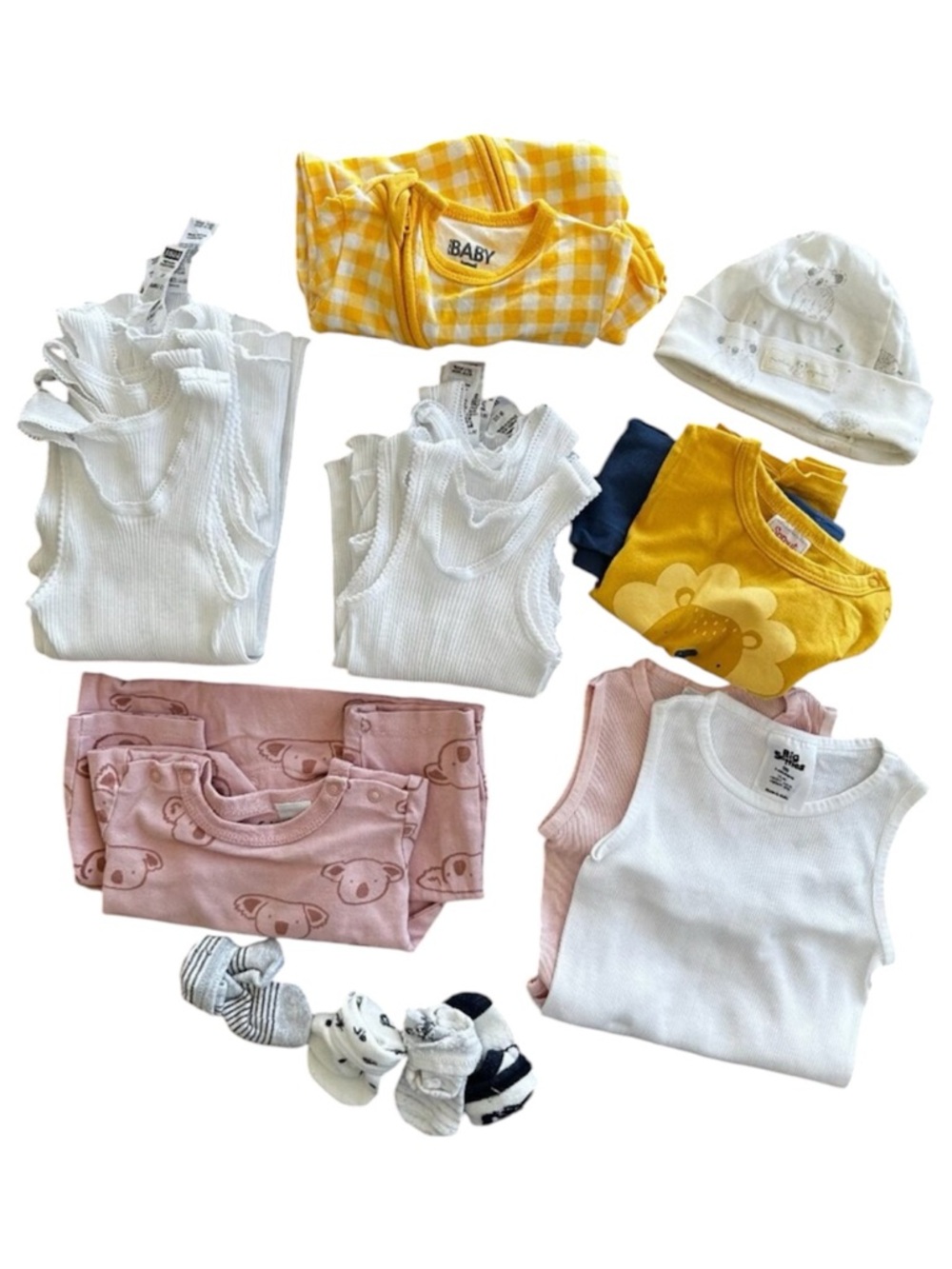 Bundle of Baby Clothes Undershirts, Onesies, Socks, Hat Various Sizes